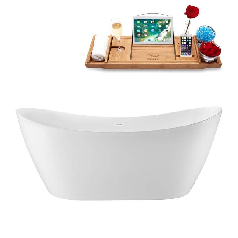 Streamline - 68 in. x 30 in. Acrylic Freestanding Soaking Bathtub in Glossy White with Brushed Nickel Drain, Bamboo Tray