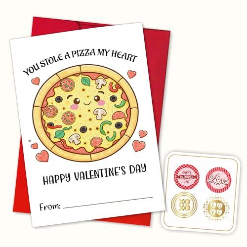 (5.3x8in) You Stole a Pizza My Heart Valentine Card – Funny Pizza Love Pun Greeting Card with Cute Cartoon Toppings for Boyfriend Girlfriend Husband Wife on Romantic and Cheesy Valentine’s Day (Vlt61)