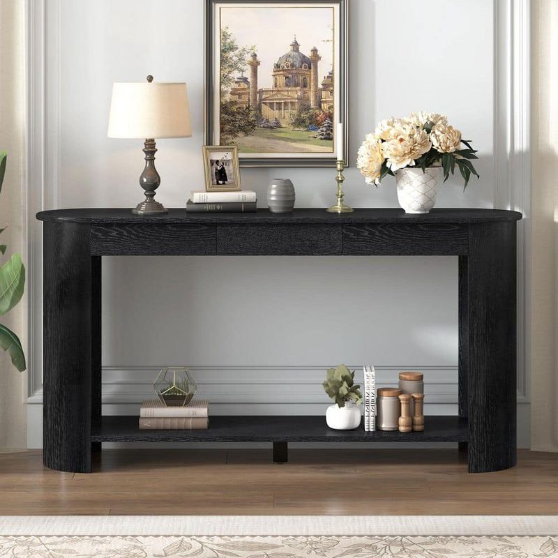 Polibi - 59.80 in. Navy Black Rectangle Oak Wood Console Table with 3 Drawers, Shelf and Semi-Circular Design