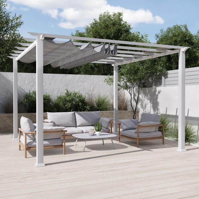 Paragon Outdoor - Florence 11 ft. x 11 ft. Aluminum Pergola in White Finish and Gray Canopy