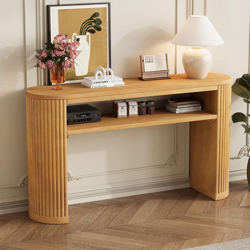 Harper & Bright Designs - 53.2 in. Natural Oval Wood Console Table with Open Shelf and Elegant Fluted Legs