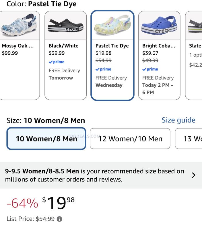 $54.99 Crocs Classic Pastel Tie Dye Clogs for $19.98