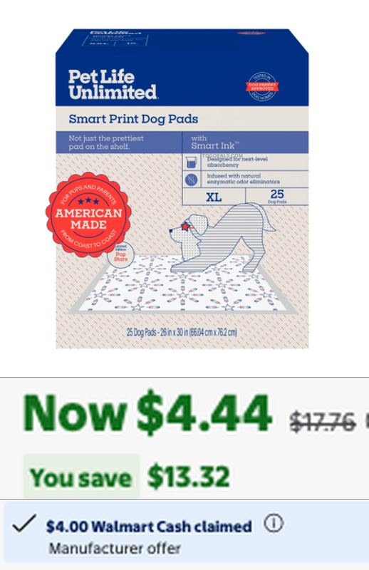 .44 CENTS DOG PADS AFTER WALMART CASH BACK