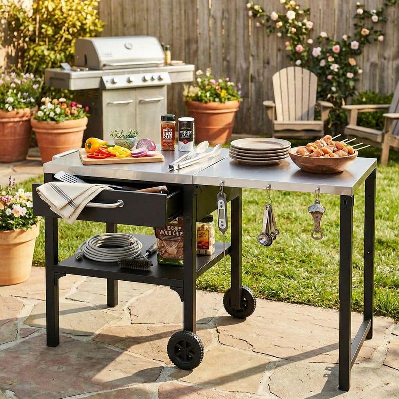 Polibi - Black Stainless Steel Top Kitchen Cart with Foldable Top and Storage Space for Backyard