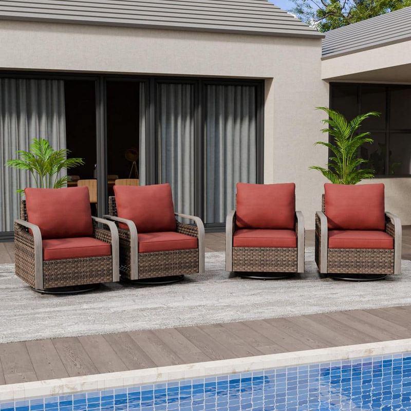 EAGLE PEAK - Outdoor Patio Swivel Brown Wicker Outdoor Rocking Chair with Red Cushion (4-Pack)