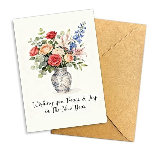 (5.3x8in) New Year Greeting Card with Floral Vase Illustration, Elegant Watercolor Flowers with “Wishing You Peace & Joy in the New Year” Message, Holiday Stationery for Friends Family (Xmas 20)