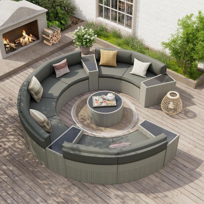ELPOSUN - 8-Person 13-Piece Fully Assembled Wicker Curved Half-Moon Outdoor Patio Conversation Set with Gray Cushions