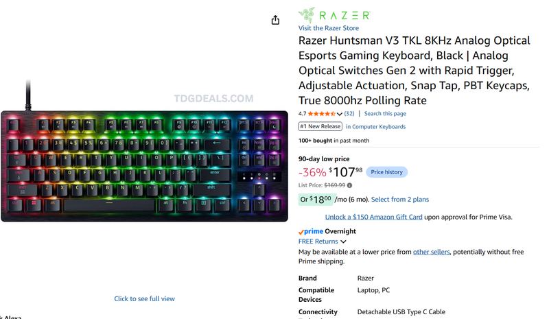 RAZER HUNTSMAN V3 TKL — $107.98