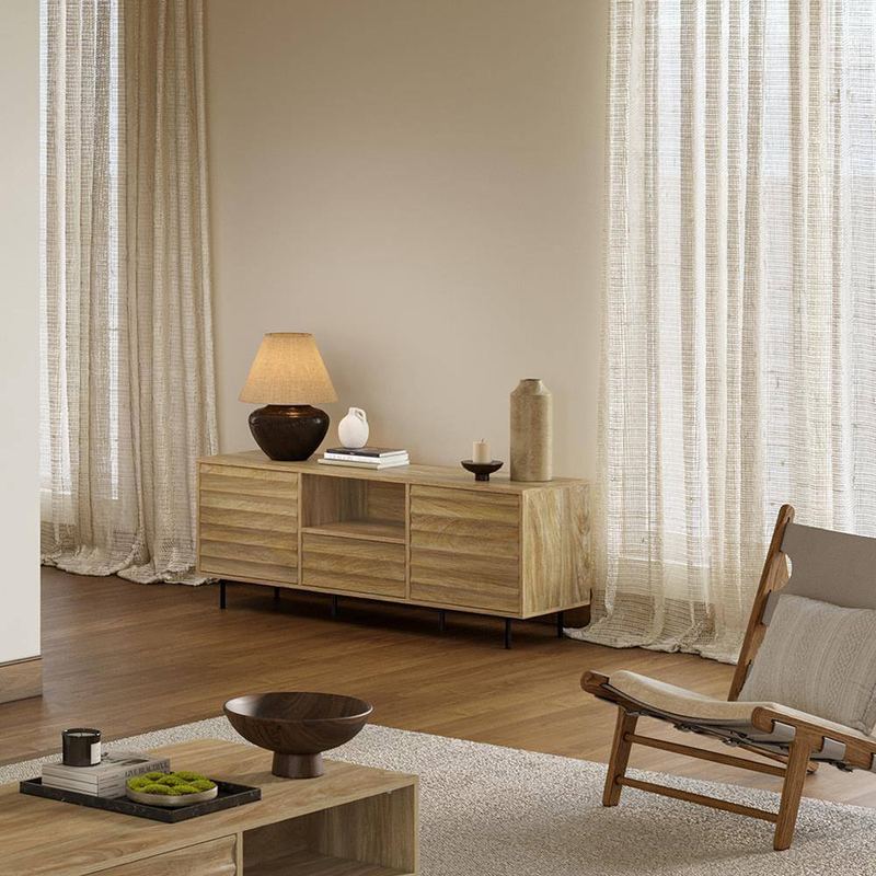 LuxenHome - Natural Wood Mid-Century Modern 2-Door 1-Drawer TV Stand Fits TV's up to 65 in. with Metal Legs
