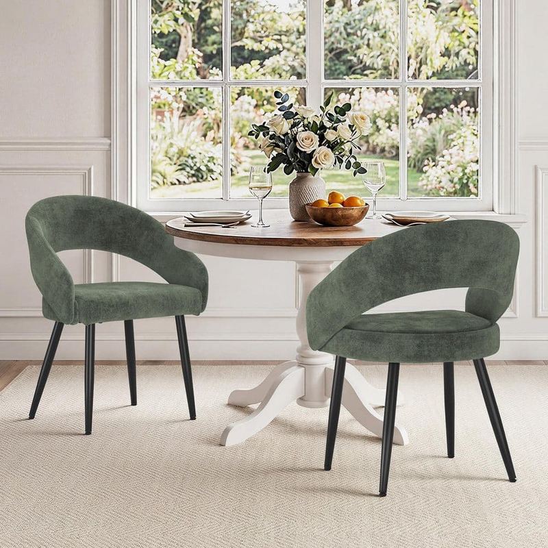 Corlekala - Modern Grayish Green Chenille Upholstered Dining Chair Metal Base Armchair for Dining Room(set of 2)