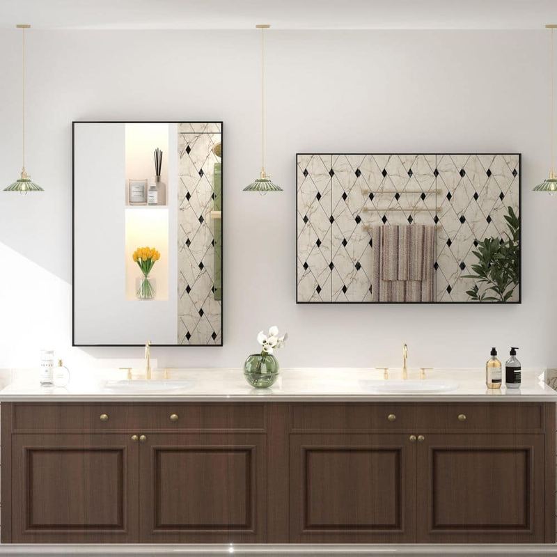 Apmir - 2 Pieces 24 in. W x 36 in. H Rectangular Aluminum Alloy Framed and Tempered Glass Wall Bathroom Vanity Mirror in Black