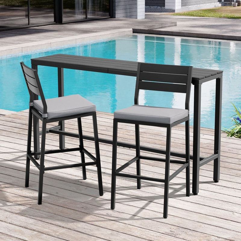 Crestlive Products - 3-Piece Metal Outdoor Bistro Set Bar Set with Bar Table and 2-Stools with Cushions in Gray WPC Tabletop and Backrest