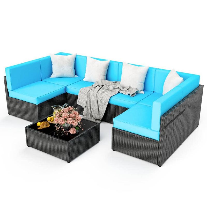 Gray 7-Piece Wicker Outdoor Sectional Set with Coffee Table and Blue Cushions