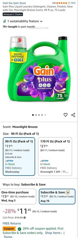 $15.94 GAIN PLUS + OXI LAUNDRY DETERGENT 75-LOAD for as low as $8.76