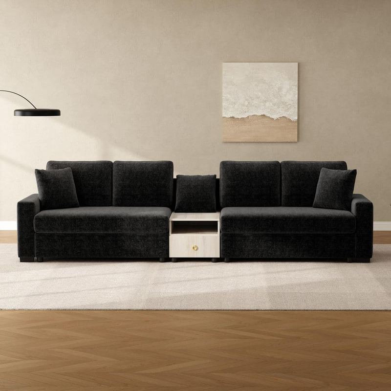 CHRISTOPHER KNIGHT HOME - Cevano Modern 127.9 in. Chenille Upholstered 4-Seater Sectional Sofa in Black with Storage Armrest and Center Console