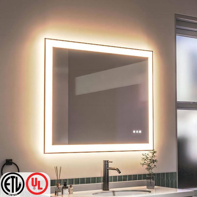 TOOLKISS - 40 in. W x 32 in. H Rectangular Framed LED Anti-Fog Wall Bathroom Vanity Mirror in Black with Backlit and Front Light
