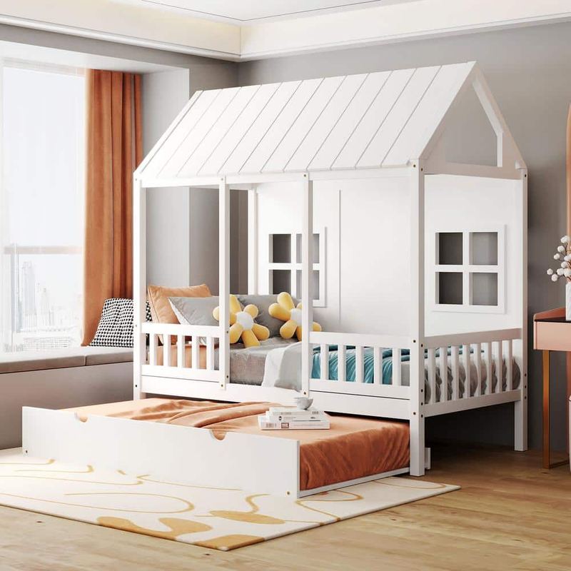 Harper & Bright Designs - White Twin Size Wood House Bed with Twin Size Trundle, Guardrails, Roof, and Windows