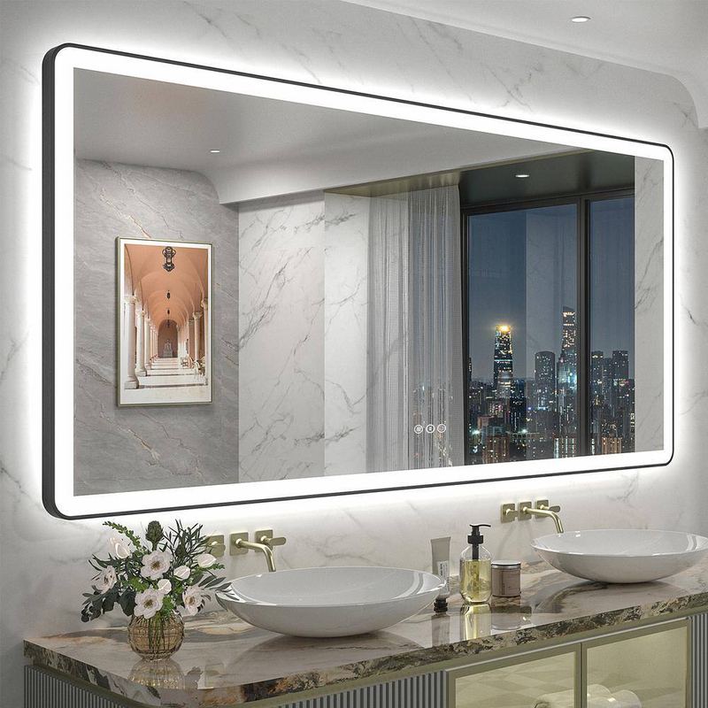 Apmir - 72 in. W x 36 in. H Rectangular Framed Front & Back LED Lighted Anti-Fog Wall Bathroom Vanity Mirror in Tempered Glass