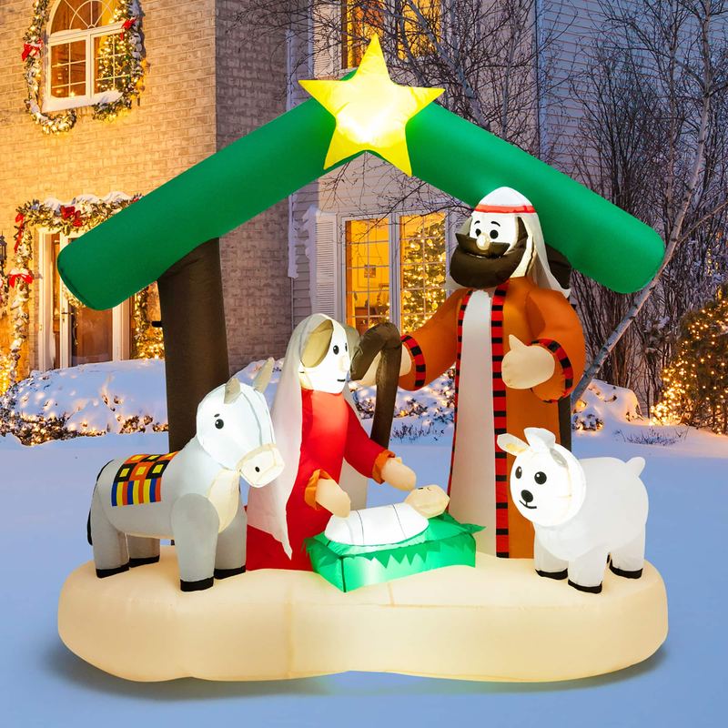Costway - 6.7FT Christmas Inflatable Nativity Scene w/ LEDs & Built-in Air Blower - Multicolor
