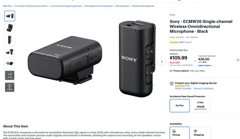 SONY ECMW3S WIRELESS MICROPHONE — $105.99