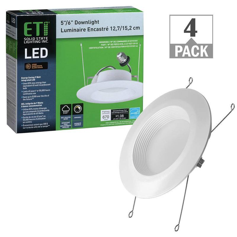ETI LIGHTING - 4-pack 5 in./6 in. 2700K Warm White Integrated LED Recessed Trim Downlight 670 Lumens Wet Rated Dimmable