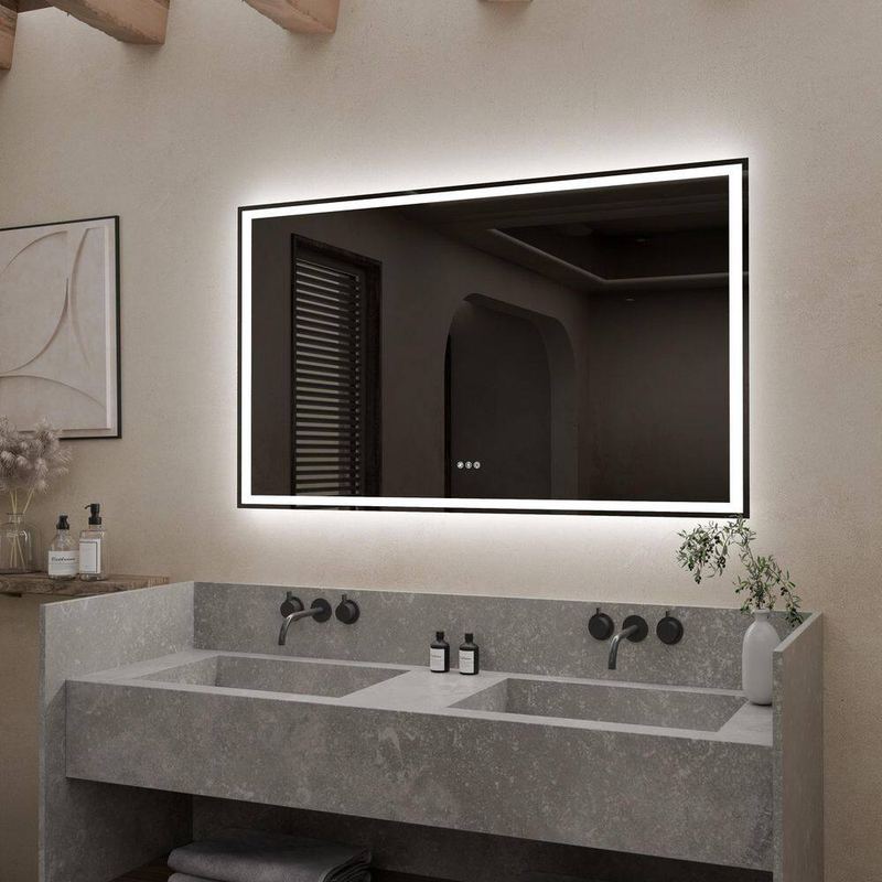 Heckfiel - 60 in. W x 28 in. H Rectangular Frameless Anti-Fog Dimmable Wall Bathroom Vanity Mirror with Backlit and Front Lit
