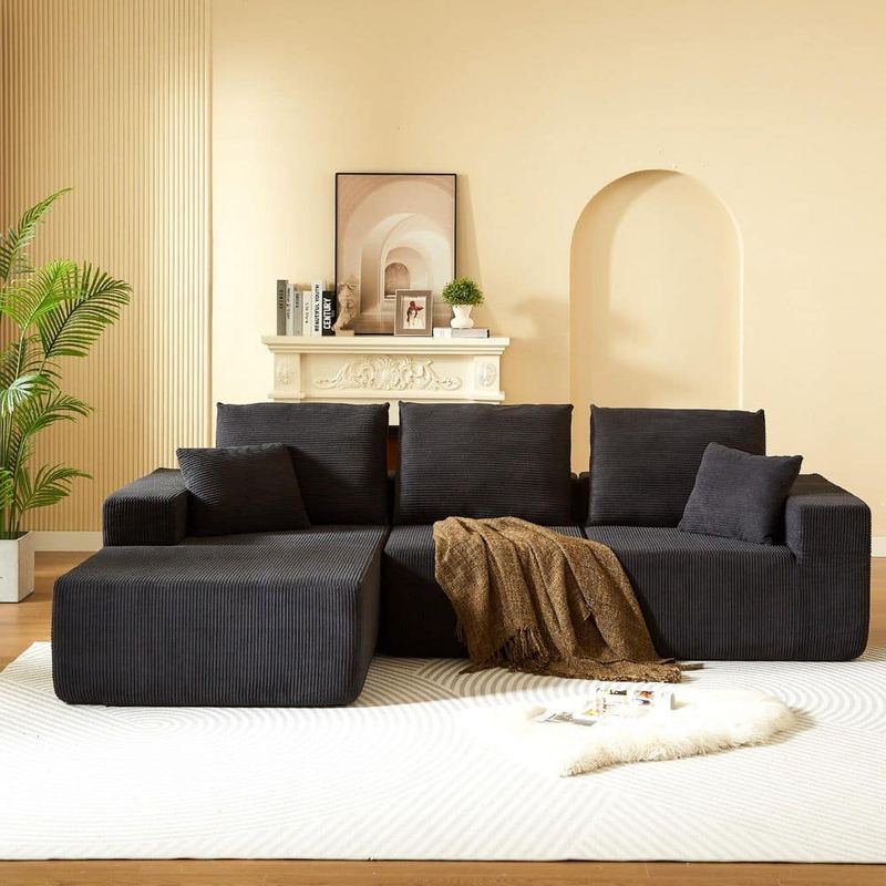 Nestfair - 100.4 in. W Corduroy Modular Sectional Sofa in. Black with Deep Seat, L Shaped Compressed Sofa, No Assembly Required