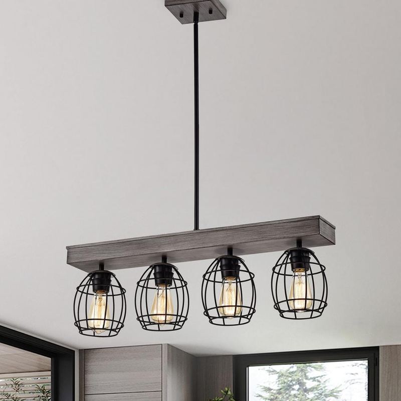 Edvivi - Triscot 4-Light Modern Farmhouse Gray Wood Linear Pendant with Black Cage