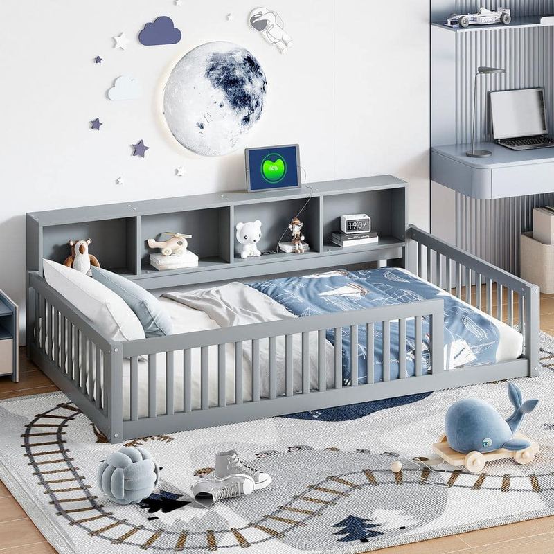 Qualler - Gray Twin XL Size Floor Bed with USB Ports and Storage Cabinets
