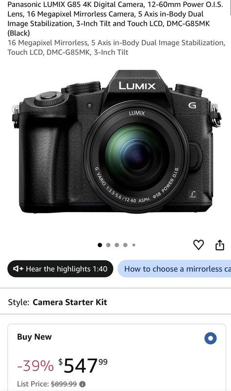 PANASONIC LUMIX G85 4K CAMERA FOR $547.99