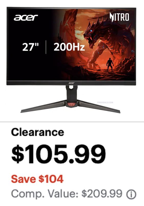 $209.99 ACER NITRO 27" 200HZ MONITOR NOW $105.99