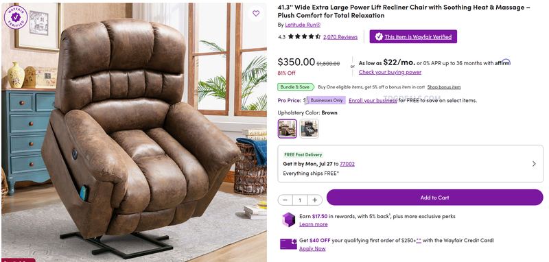 POWER LIFT RECLINER WITH HEAT & MASSAGE — $350