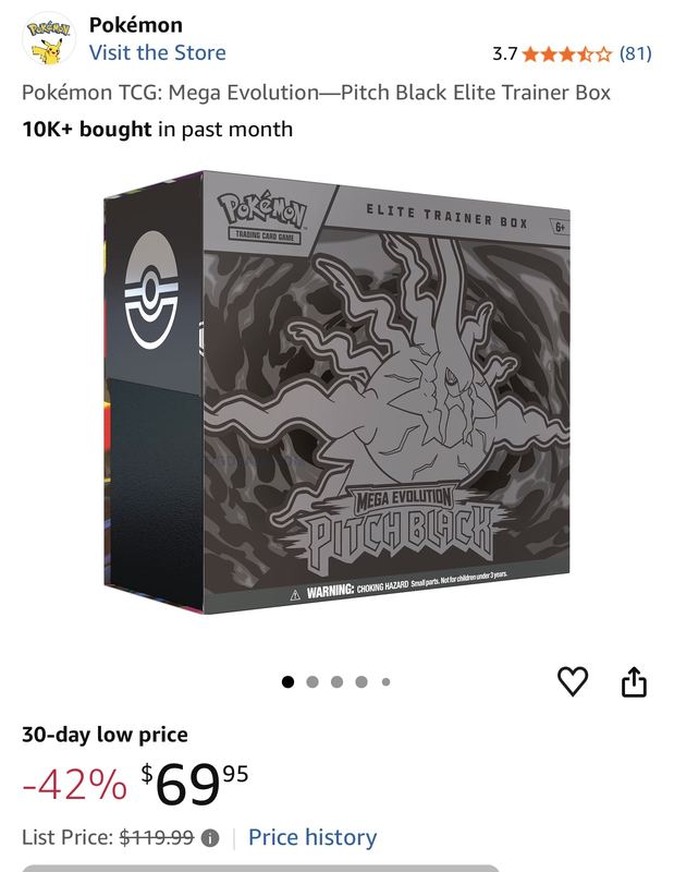 $119.99 Pokémon TCG: Mega Evolution—Pitch Black Elite Trainer Box for $69.95
