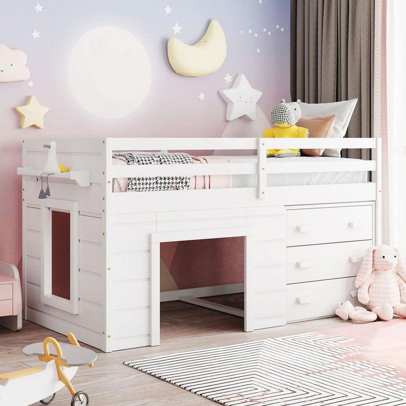 Polibi - White Twin Wood Loft Bed with Cabinet and Shelf