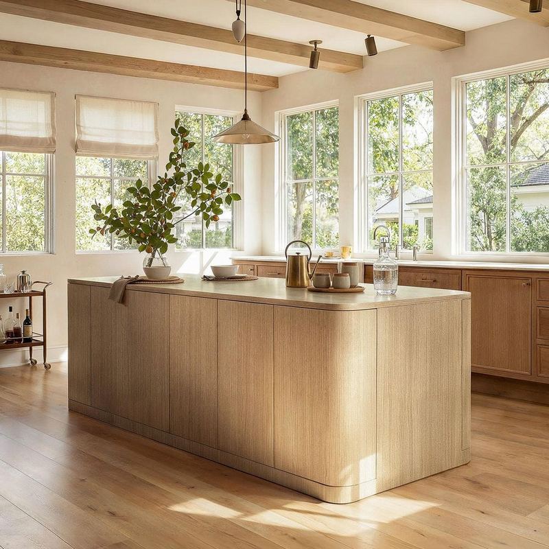 Homsee - Natural Wood 110.2 in. Kitchen Island with Curved Side Panel, Storage Cabinets, Large Island Surface for Kitchen
