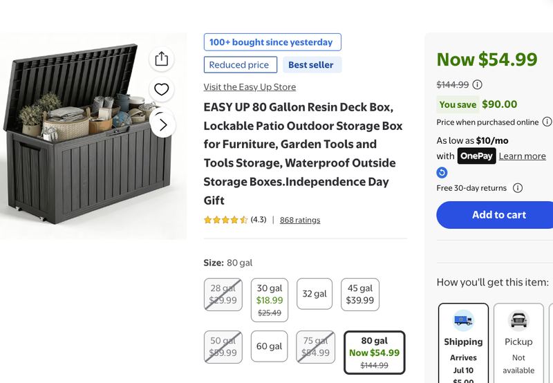 $145 - 80 Gallon Resin Deck Box
