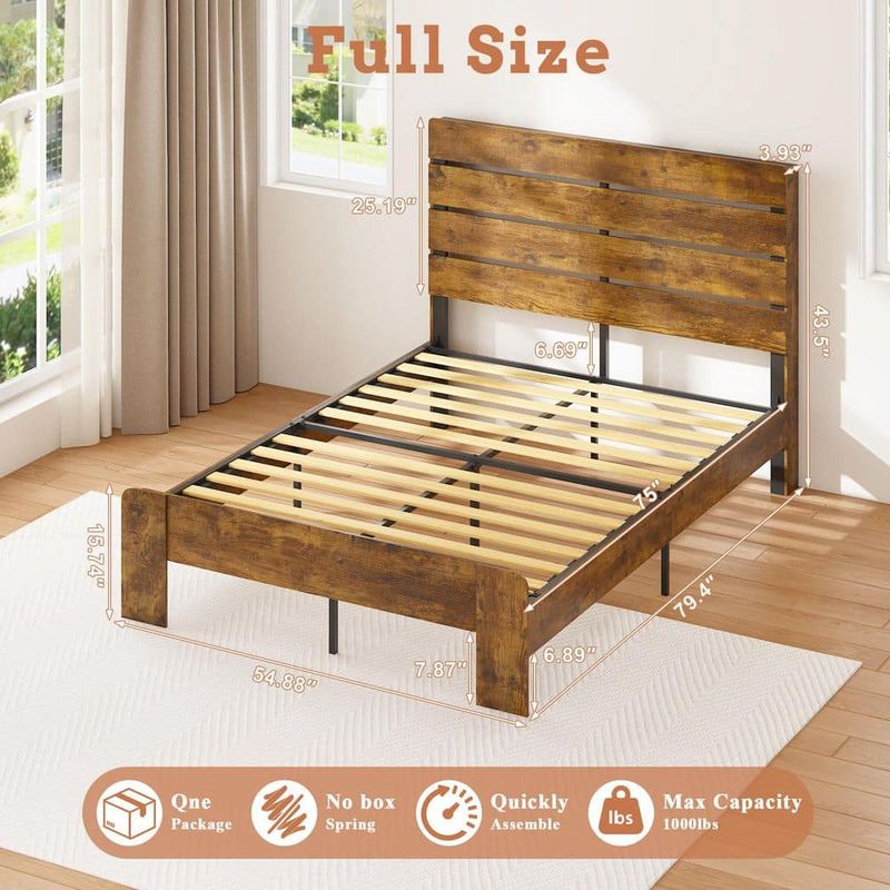 Seafuloy - Rustic Brown MDF Plus Steel Frame Full Platform Bed, Bed Frame with LED Lights, Charging Station
