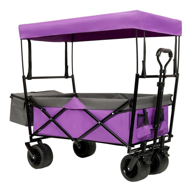 Tileon - 23 cu. ft. Steel Garden Cart, 480 lbs. Collapsible Wagon with Canopy and Mosquito Net for Camping, Shopping in Purple