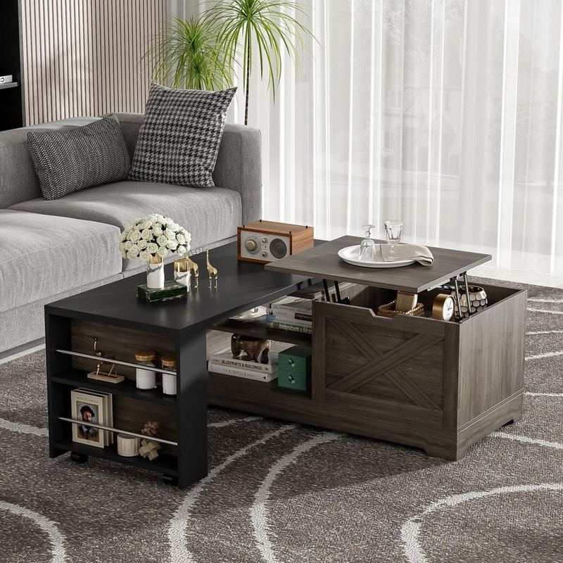 Harper & Bright Designs - 47.2 in. Gray and Black Rectangle Lift Top Wood Coffee Table with Barn Doors, Charging Station, Rotating Top with Wheels