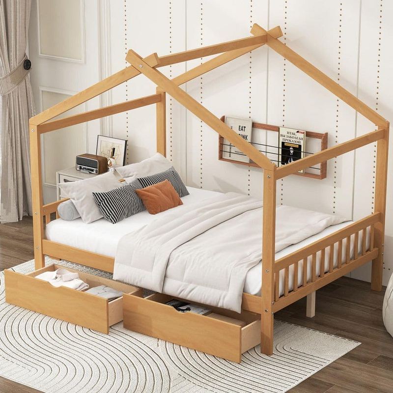 Harper & Bright Designs - Natural and Brown Full Size Wood House Platform Bed with 2-Drawers