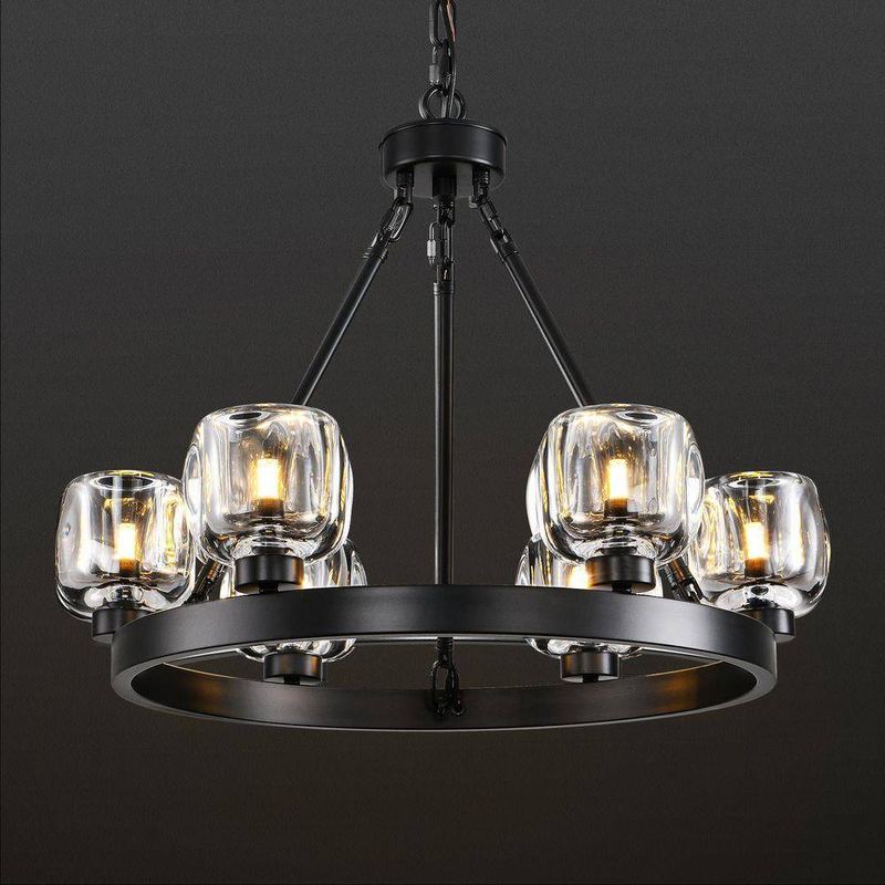 PUYRNF - 24 in. 6-Light Black Wagon Wheel Chandelier with Glass Shade, Round Farmhouse Chandelier for Dining Room, Living Room