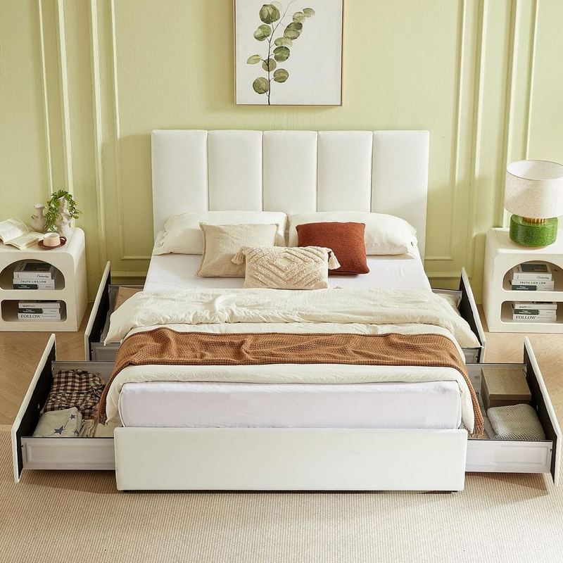 Ahokua - White Plywood Frame Queen Size Linen Upholstered Platform Bed with 4 Storage Drawers