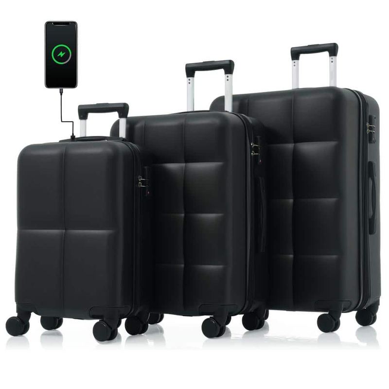 Merax - 3-Piece Black 20 in. x 24 in. x 28 in. ABS Hardshell Spinner Expandable Luggage Set with USB Port, Cup Holder, Hooks