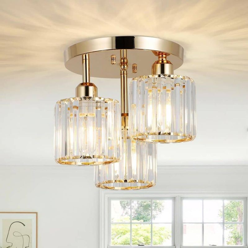 Basdien - 11 in. 3-Light Matte Gold Industrial Semi-Flush Mount With Clear Crystal Shades for Kitchen Bedroom No Bulbs Included