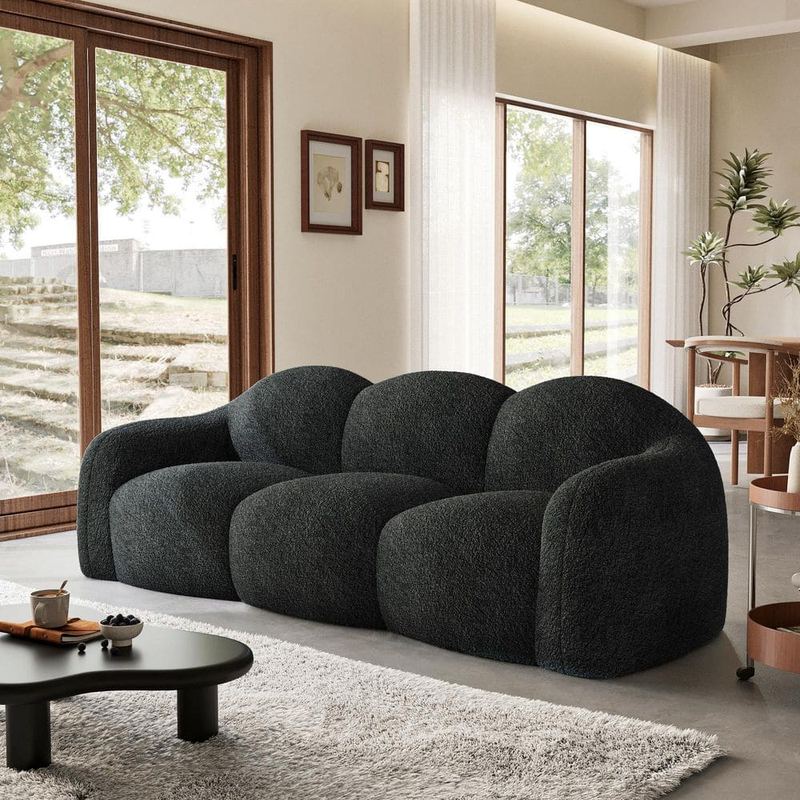 Magic Home - 90 in. Straight Arm 3-Seater Curved Comfy Teddy Velvet Bubble Sofa Floor Sofa Memory Foam Deep Seat in Black
