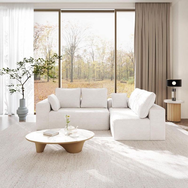 Magic Home - 134 in. Square Arm 2-Piece Corduroy Fabric L-Shaped Modular Boneless Sectional Sofa with Pillows in Beige