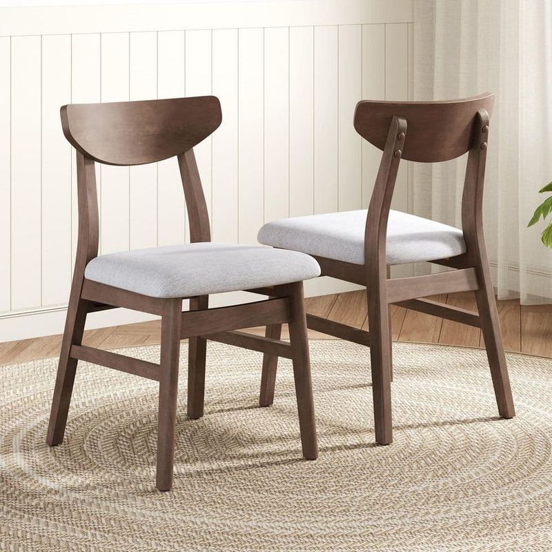 Harper & Bright Designs - Modern Brown Solid Wood Dining Chairs with Curved Backrest and Gray Fabric Seat (Set of 2)