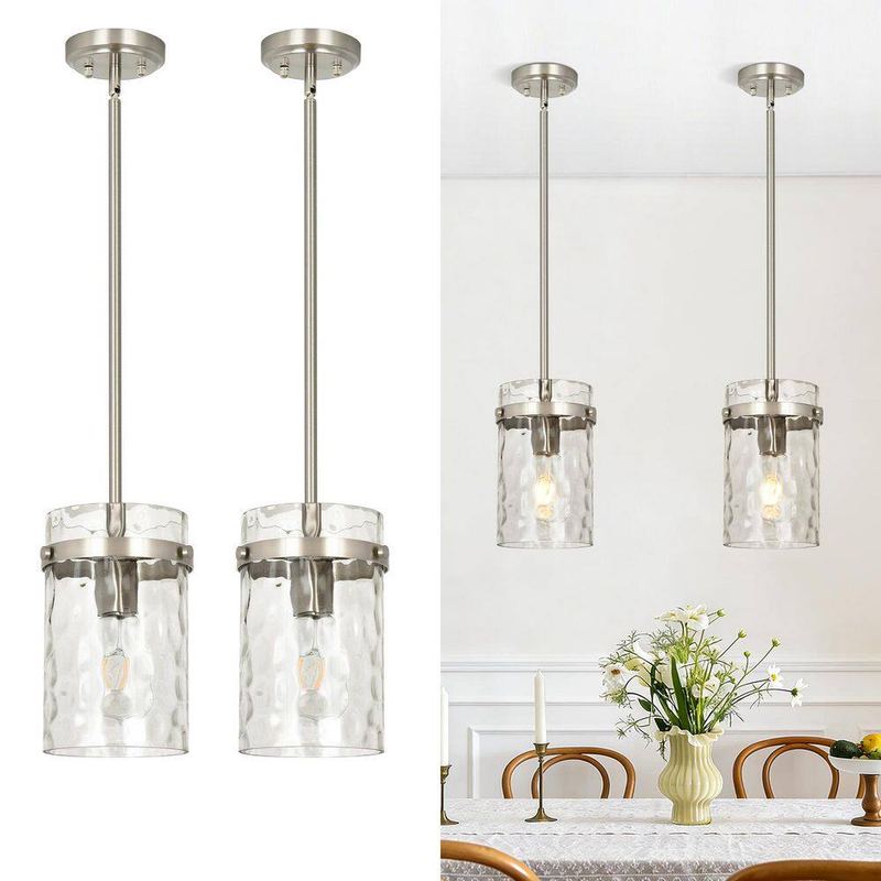 Merbotin - RayHome 2-Pack Brushed Nickel Pendant Light Modern Hammered Glass Shade Adjustable Height for Kitchen and Dining