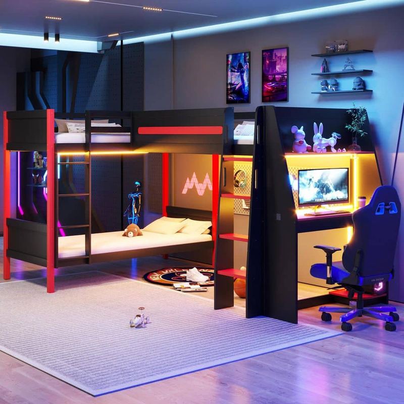 Polibi - Black/Red Twin Wood Loft Bed with Twin Size Gaming Loft Bed