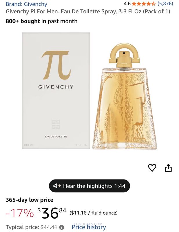 $44.41 Givenchy Pi For Men Eau De Toilette 3.3 oz for $36.84